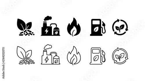 Biofuel and Renewable Energy Icon Set in Silhouette and Outline Style