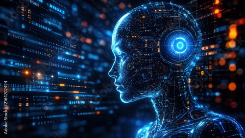 Futuristic digital portrait of an artificial intelligence humanoid robot head with glowing blue data streams.