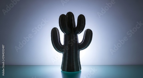 Black 3D printed plastic cactus figure backlit against a glowing studio background with reflections