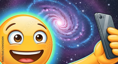 Happy Emoji Character Taking a Selfie with a Smartphone Against a Cosmic Spiral Galaxy Background