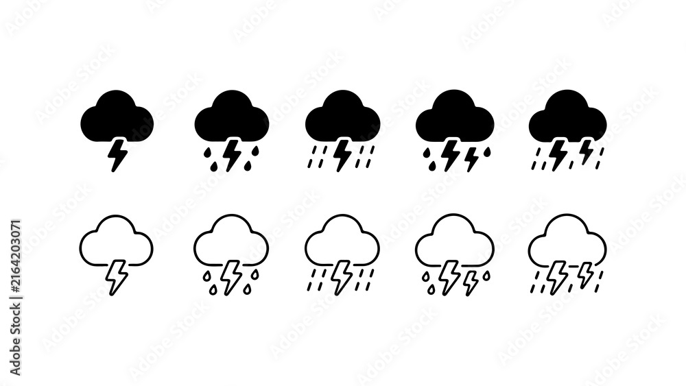 Obraz premium Stormy Weather Icon Set in Solid Silhouette and Linear Outline Style