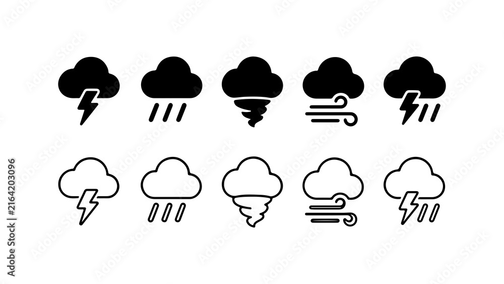 Obraz premium Weather Icon Set Featuring Storm Rain Tornado and Wind Symbols