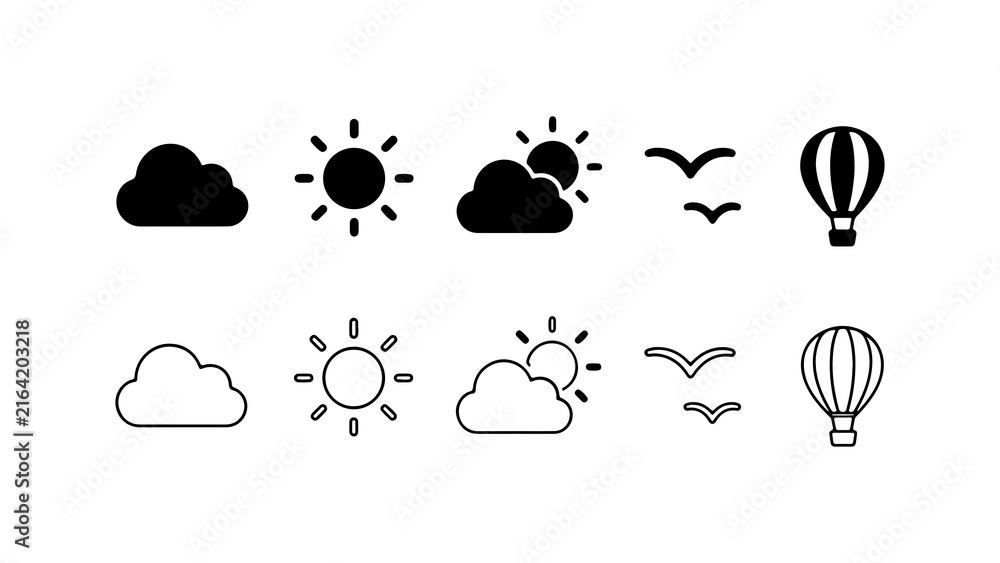 Obraz premium Weather and Sky Icon Set in Silhouette and Outline Vector Style