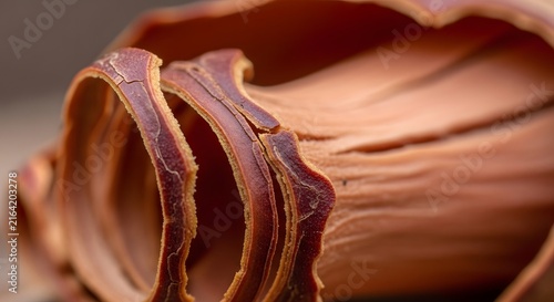 Close-up macro photography of a natural cinnamon stick texture with curved bark layers and organic woody surface patterns in warm brown tones