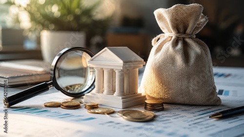 Miniature bank building model with money bag and magnifying glass on financial documents.