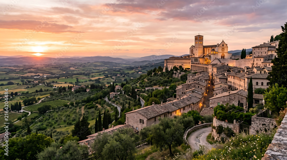 Obraz premium Assisi Hillside Town at Sunset, Umbria Italy
