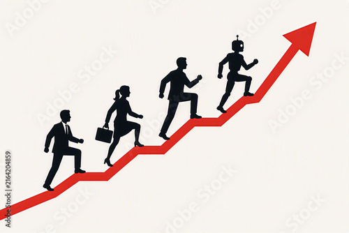 AI leadership for business success, silhouette of business team following a robot climbing on a red line graph with an upward arrow, increasing trend 