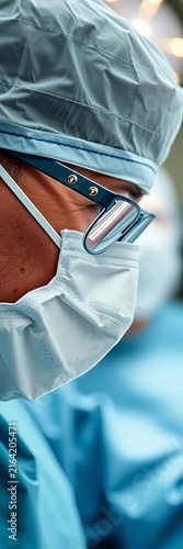 Medical professional wearing surgical mask and protective cap