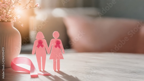 Pink paper women with breast cancer ribbon symbolizing female support and solidarity