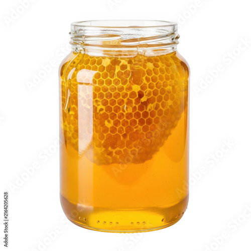 Jar of golden honey with comb inside isolated on transparent background