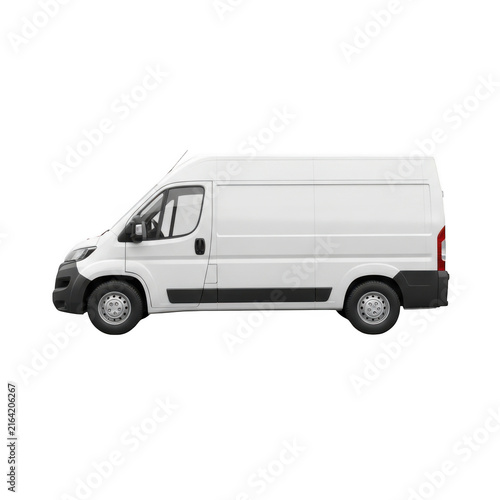 White delivery van parked on road isolated on transparent background