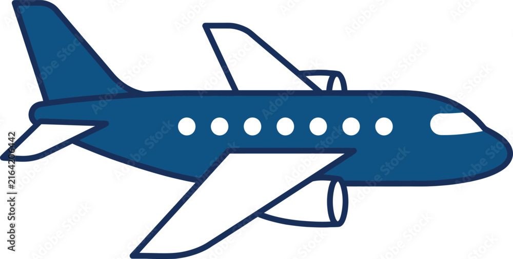 Naklejka premium A simple blue cartoon airplane icon representing travel and aviation isolated on transparent background