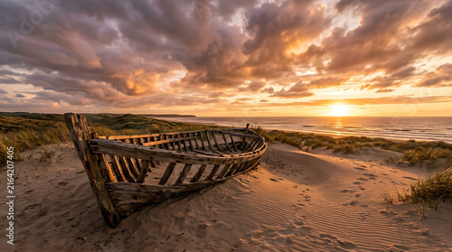 Weathered wooden fishing boat rests upon the sandy dunes during a golden sunset at the coast where the ocean waves meet the horizon under a dramatic sky filled with textured orange clouds at dusk