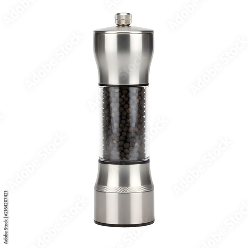 Stainless Steel Pepper Grinder with Black Peppercorns and Transparent Background