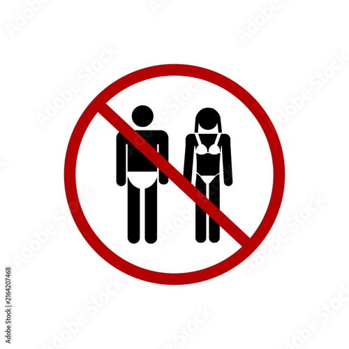 It is forbidden  wearing of swimsuits, trunks or bikinis in the city street and outside the beach. Prohibition road sign with silhouette of a couple of beachgoers