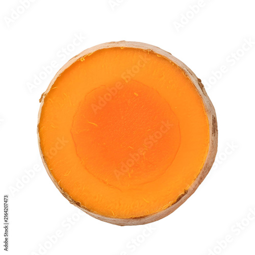 Top View Of A Turmeric Root Cross Section Isolated On White Background With Vibrant Orange Interior