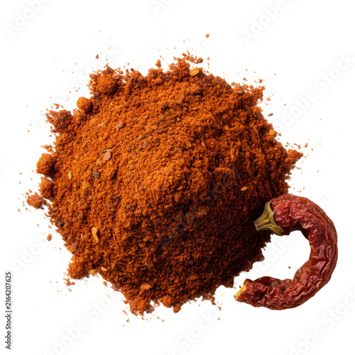 Pile Of Red Chili Powder Next To A Dried Chili Pepper On White Background