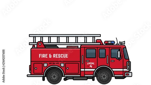 Fire Truck Moving Animation, Red Flat Vector Fire Rescue Vehicle Driving Loop, Emergency Services Motion Graphic for Firefighter, Rescue and Safety Videos