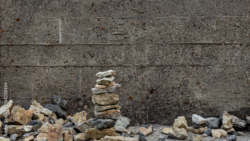 Canvas Print Stacked stones against a weathered concrete wall