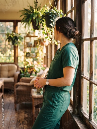 Tired healthcare professional relaxing in a sunlit home sunroom