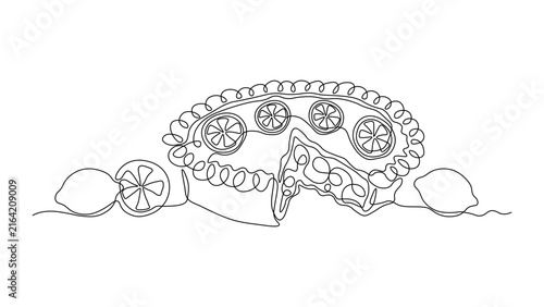 Continuous line drawing of a whole lemon pie with one slice removed, showing crimped crust edge and filling, minimalist dessert illustration