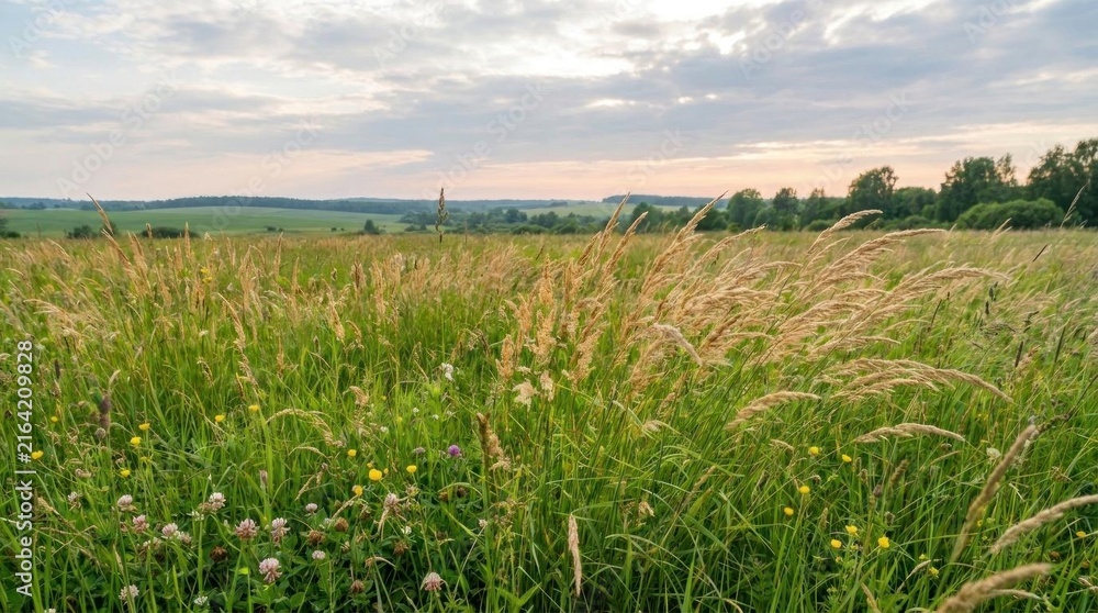 Obraz premium Wild grass field under expansive cloudy sky.
