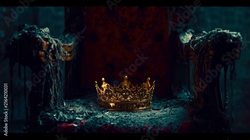 Golden crown rests upon dark, dripping throne