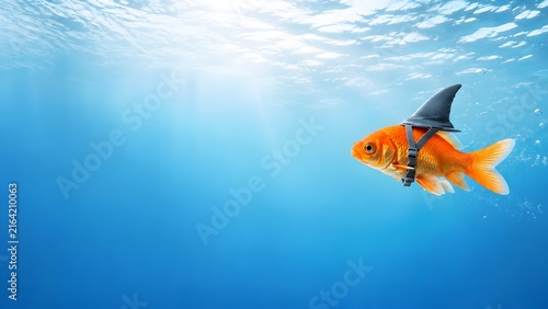Goldfish wearing shark fin underwater representing business ambition fake confidence hidden potential and corporate courage metaphor