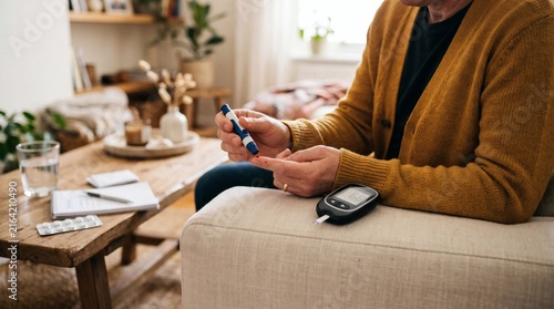 Senior man checking blood sugar levels with a glucose meter