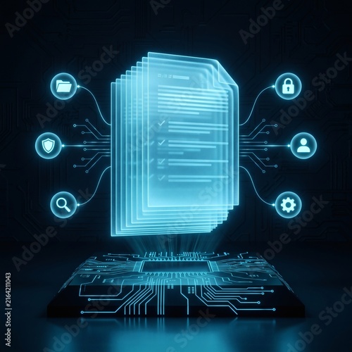 Digital hologram of documents with glowing icons and circuits