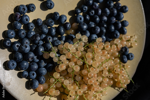 Fresh blueberries and white currants in sunlight