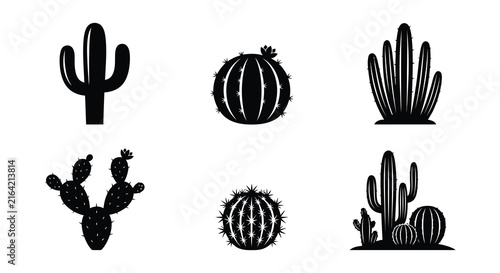 Black silhouettes of various desert cacti on a white background