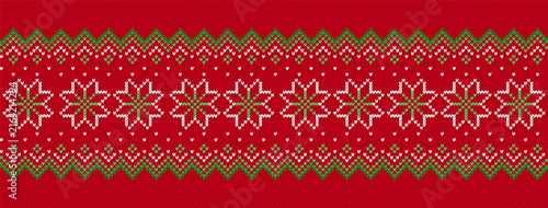 Christmas knit background with snowflakes. Knitted sweater print. Holiday winter ornament. Festive seamless pattern. Xmas geometric border. Fair isle traditional texture. Vector.