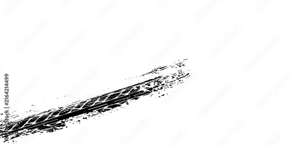 Fototapeta premium Grunge tire track, wheel braking marks. Truck, car or motorcycle tread pattern silhouette. Auto race, motorsport, speed racing design element. Vector illustration