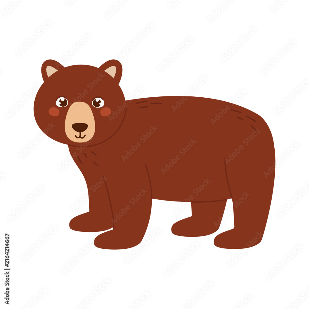 Fototapeta premium Cute woodland bear character. Vector hand drawn animal with warm brown fur for kids, mascot, seasonal and learning designs