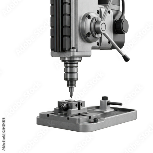 Close-up of a drill press machine in operation isolated on transparent background