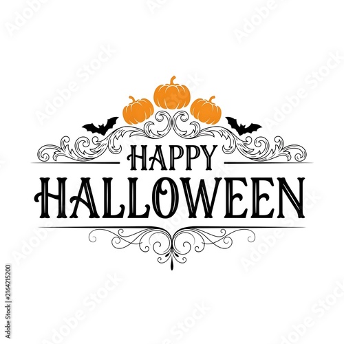 Happy halloween typographic design with pumpkins and decorative flourishes