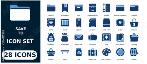 Flat line set, 28 save and storage symbols in blue, gray, and white tones d