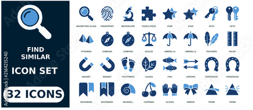 Flat blue set, 32 search, social media, and web symbols collection de