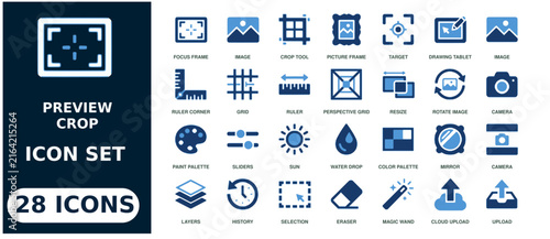 Flat preview, crop 28 blue outline utility symbols set on white desig