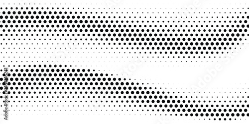 Black halftone wave background. Dotted curved flow wallpaper. Abstract textured grainy fluid backdrop. Vector grit pop art swoosh element for poster, banner, overlay, card, brochure, flyer, leaflet