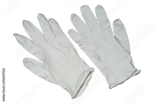 Disposable latex gloves of gray color on a transparent background