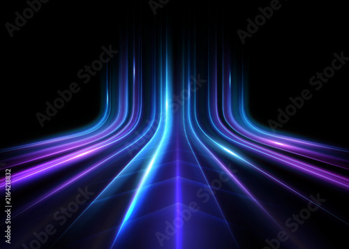 Abstract blue and purple glowing lines, smoothly flowing in perspective against a black background, create a futuristic digital tunnel and dynamic energy flow. Vector 