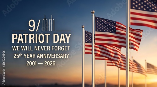 Patriot day memorial image featuring american flags waving against a sunset sky to commemorate the twenty third anniversary of the september eleventh