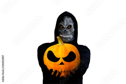 Person in a skull mask holding a carved Halloween pumpkin on a transparent PNG background.  Halloween party invitations, spooky holiday promotional banners, trick-or-treat event flyers, and autumn