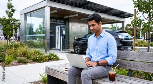 New rich tech generation india man using laptop at electric charging station with solar roof and modern car