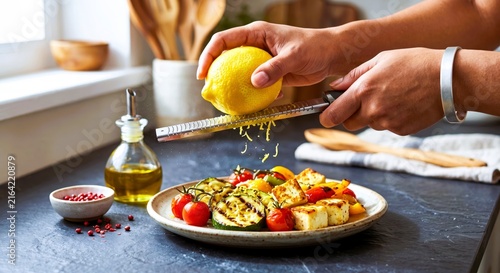 Lemon zest over salad in modern kitchen with hands preparing fresh food for rich tech generation in india