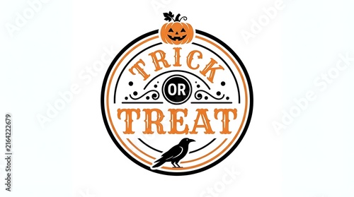 Vintage halloween trick or treat circular emblem with pumpkin and raven