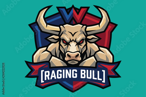 Bull Mascot Illustration with a Fierce Expression and Stylized Shield Background. Dynamic Esports Logo Design Featuring a Powerful Bull.