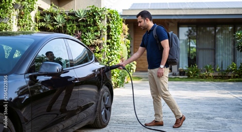 New rich tech generation india man charging electric car at home driveway with backpack and modern house background
